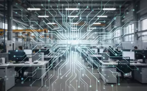 Ein stilisiertes neuronales Netz über einer modernen deutschen Fabrikhalle, das KI-Integration im Mittelstand symbolisiert. - Foto: über boerse-global.de