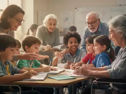 Eine Gruppe von Kindern und Erwachsenen unterschiedlichen Alters und Fähigkeiten, die in einer unterstützenden Lernumgebung interagieren. - Foto: über boerse-global.de