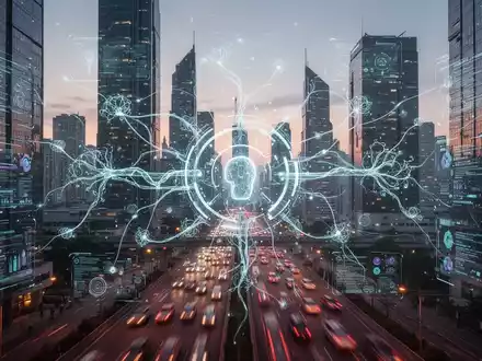 Futuristische Stadtsilhouette in der Dämmerung mit digitalen Datenströmen und leuchtenden neuronalen Netzen, die Gebäude verbinden und die Integration von Smart-City-Daten symbolisieren. - Foto: über boerse-global.de