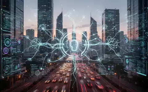 Futuristische Stadtsilhouette in der Dämmerung mit digitalen Datenströmen und leuchtenden neuronalen Netzen, die Gebäude verbinden und die Integration von Smart-City-Daten symbolisieren. - Foto: über boerse-global.de