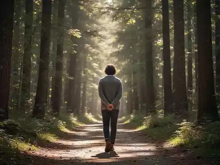Eine Person geht langsam auf einem von Sonnenlicht durchfluteten Waldweg, umgeben von hohen Bäumen. - Foto: über boerse-global.de