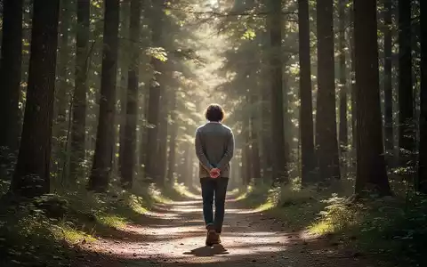 Eine Person geht langsam auf einem von Sonnenlicht durchfluteten Waldweg, umgeben von hohen Bäumen. - Foto: über boerse-global.de