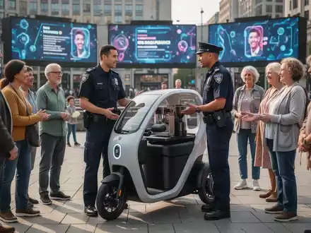 Ein Polizist in Uniform interagiert mit Bürgern bei einem dreirädrigen Polizeifahrzeug mit Espressomaschine auf einem Stadtplatz. - Foto: über boerse-global.de