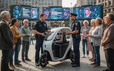 Ein Polizist in Uniform interagiert mit Bürgern bei einem dreirädrigen Polizeifahrzeug mit Espressomaschine auf einem Stadtplatz. - Foto: über boerse-global.de
