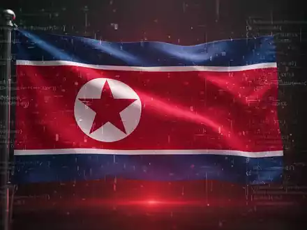 Eine digitalisierte nordkoreanische Flagge mit feinen Codezeilen, die versteckte Malware in einer Bilddatei andeuten. - Foto: über boerse-global.de
