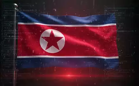 Eine digitalisierte nordkoreanische Flagge mit feinen Codezeilen, die versteckte Malware in einer Bilddatei andeuten. - Foto: ĂŒber boerse-global.de