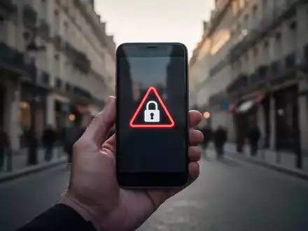 Eine Hand hält ein Smartphone mit einer Warnung auf dem Bildschirm, im Hintergrund eine verschwommene Stadtstraße. - Foto: über boerse-global.de