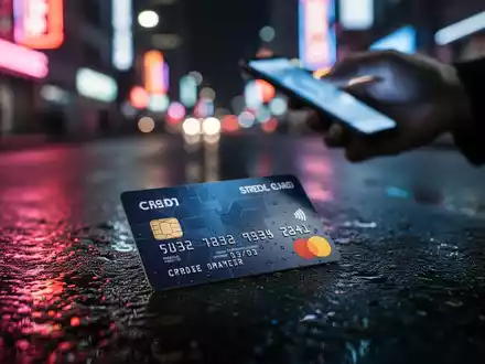 Eine gestohlene Kreditkarte liegt auf nassem Asphalt bei Nacht, im Hintergrund verschwommen eine Hand mit einem Smartphone. - Foto: über boerse-global.de