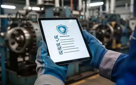 Eine Hand im blauen Arbeitshandschuh hält ein Tablet mit einer Checkliste, im Hintergrund verschwommene Industriemaschinen. - Foto: über boerse-global.de