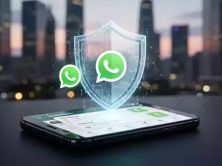 Ein Smartphone zeigt eine Banking-App mit WhatsApp-Symbol. Ein digitaler Schild schwebt als Symbol für Cybersicherheit im Finanzumfeld. - Foto: über boerse-global.de