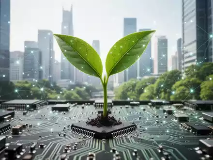 Ein stilisiertes Bild, das die Integration von Natur und Wirtschaft zeigt: ein grünes Blatt, das aus einer Leiterplatte wächst. - Foto: über boerse-global.de