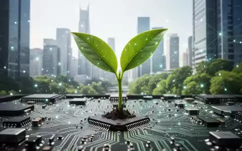 Ein stilisiertes Bild, das die Integration von Natur und Wirtschaft zeigt: ein grünes Blatt, das aus einer Leiterplatte wächst. - Foto: über boerse-global.de