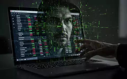 Verzerrtes, verpixeltes Gesicht auf Laptop-Bildschirm mit Finanzdaten, Hand greift danach. - Foto: über boerse-global.de