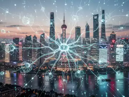 Zukünftige Stadtansicht von Shanghai bei Sonnenuntergang mit leuchtenden digitalen neuronalen Netzen, die KI-Entwicklung und globale Konnektivität symbolisieren. - Foto: über boerse-global.de