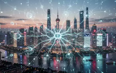 Zukünftige Stadtansicht von Shanghai bei Sonnenuntergang mit leuchtenden digitalen neuronalen Netzen, die KI-Entwicklung und globale Konnektivität symbolisieren. - Foto: über boerse-global.de