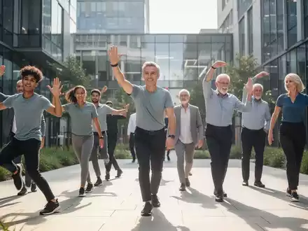 Mitarbeiter unterschiedlichen Alters, die an einer betrieblichen Gesundheitsmaßnahme teilnehmen, symbolisieren Wohlbefinden und Produktivität. - Foto: über boerse-global.de
