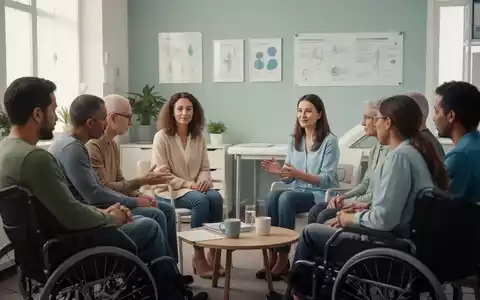 Eine Gruppe von Menschen, einige mit intellektuellen Beeinträchtigungen, in einer unterstützenden Therapiesitzung mit einem Therapeuten. - Foto: über boerse-global.de