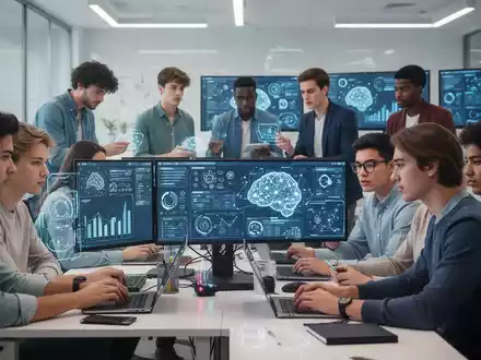 Junge Erwachsene arbeiten in einem modernen Lernraum an Computern, die Daten und KI-Schnittstellen anzeigen, symbolisch für praxisnahes Lernen. - Foto: über boerse-global.de