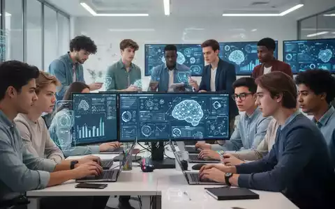 Junge Erwachsene arbeiten in einem modernen Lernraum an Computern, die Daten und KI-Schnittstellen anzeigen, symbolisch für praxisnahes Lernen. - Foto: über boerse-global.de