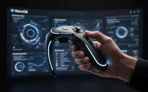 Eine Hand hält einen futuristischen Bewegungscontroller mit leuchtenden Akzenten, vor verschwommenem Hintergrund einer technischen visionOS-Oberfläche. - Foto: über boerse-global.de