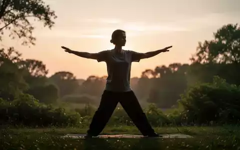 Eine Person praktiziert Qigong im Freien bei Sonnenaufgang, die Silhouette vor einem warmen Himmel betont die anmutigen Bewegungen. - Foto: über boerse-global.de