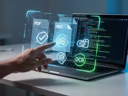 Eine Hand interagiert mit einer holografischen PDF-Oberfläche, die Merge-, Split- und OCR-Symbole zeigt, über einem modernen Schreibtisch. - Foto: über boerse-global.de