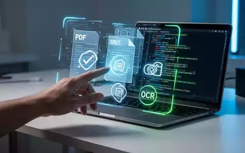 Eine Hand interagiert mit einer holografischen PDF-Oberfläche, die Merge-, Split- und OCR-Symbole zeigt, über einem modernen Schreibtisch. - Foto: über boerse-global.de