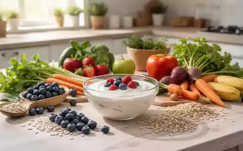 Eine Stillleben-Anordnung von gesunden Lebensmitteln, darunter Joghurt, Beeren, Gemüse und Vollkornprodukte, auf einem Holztisch. - Foto: über boerse-global.de