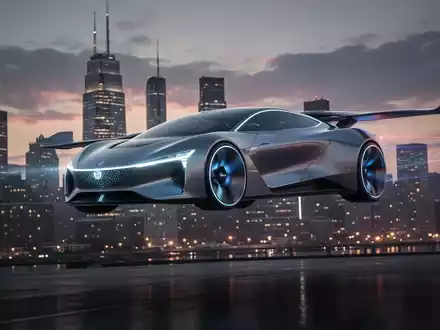 Ein futuristisches Flugauto-Konzept mit schlanken Linien und beleuchteten Elementen schwebt bei Dämmerung über einer Stadtlandschaft. - Foto: über boerse-global.de