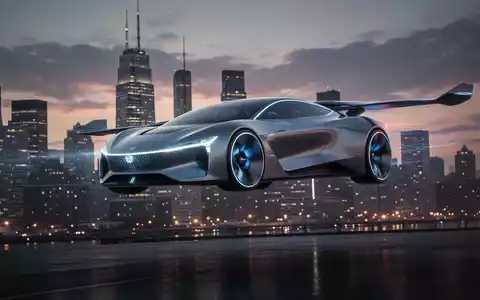Ein futuristisches Flugauto-Konzept mit schlanken Linien und beleuchteten Elementen schwebt bei Dämmerung über einer Stadtlandschaft. - Foto: über boerse-global.de