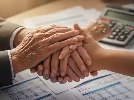 Nahaufnahme der Hände einer älteren Person, die die Hände einer jüngeren Person halten, mit verschwommenen Finanzdokumenten im Hintergrund. - Foto: über boerse-global.de