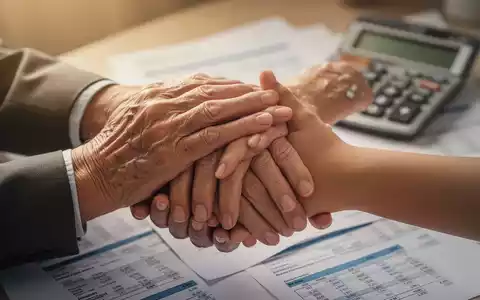 Nahaufnahme der Hände einer älteren Person, die die Hände einer jüngeren Person halten, mit verschwommenen Finanzdokumenten im Hintergrund. - Foto: über boerse-global.de