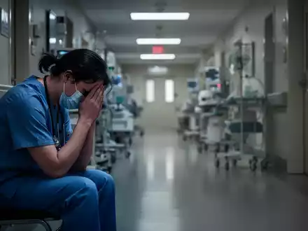 Eine erschöpfte Pflegekraft sitzt mit dem Kopf in den Händen in einem Krankenhausflur, der Überlastung im Gesundheitswesen symbolisiert. - Foto: über boerse-global.de