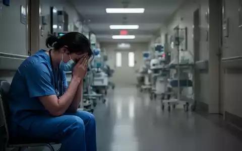 Eine erschöpfte Pflegekraft sitzt mit dem Kopf in den Händen in einem Krankenhausflur, der Überlastung im Gesundheitswesen symbolisiert. - Foto: über boerse-global.de