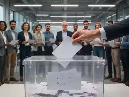 Eine Hand legt einen Stimmzettel in eine Wahlurne. Im Hintergrund verschwommen Menschen in einem Büro oder einer Fabrik. - Foto: über boerse-global.de