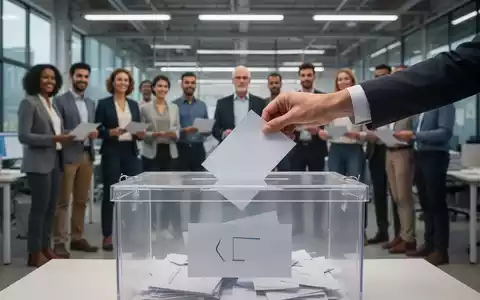 Eine Hand legt einen Stimmzettel in eine Wahlurne. Im Hintergrund verschwommen Menschen in einem Büro oder einer Fabrik. - Foto: über boerse-global.de