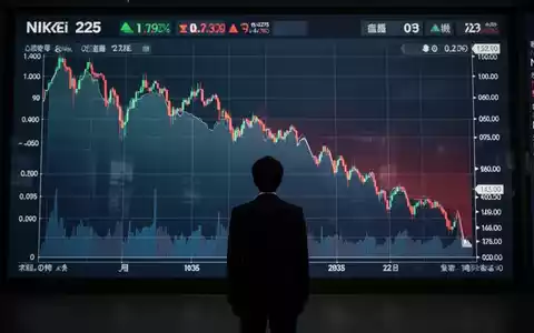 Eine Person steht vor einem Bildschirm mit einem stark fallenden Nikkei 225-Börsenchart, der einen Ausverkauf andeutet. - Foto: über boerse-global.de