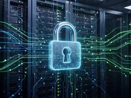 Digitales Vorhängeschloss-Symbol über Server-Racks und fließenden Daten, symbolisiert Cybersicherheit und Datenschutz. - Foto: über boerse-global.de