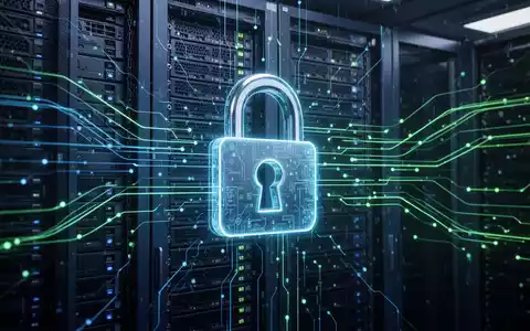 Digitales Vorhängeschloss-Symbol über Server-Racks und fließenden Daten, symbolisiert Cybersicherheit und Datenschutz. - Foto: über boerse-global.de