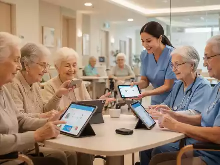 Senioren und Pflegekräfte nutzen Tablets und Smartgeräte in einer modernen Pflegeeinrichtung, Symbol für digitale Wohlfahrt und Altenpflege. - Foto: über boerse-global.de