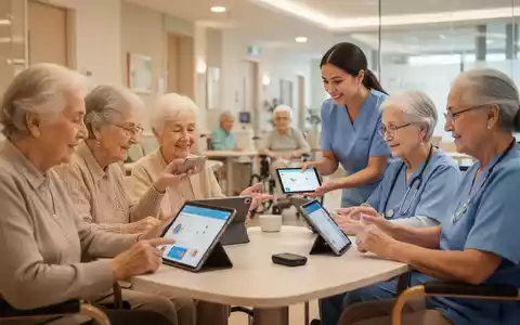 Senioren und Pflegekräfte nutzen Tablets und Smartgeräte in einer modernen Pflegeeinrichtung, Symbol für digitale Wohlfahrt und Altenpflege. - Foto: über boerse-global.de