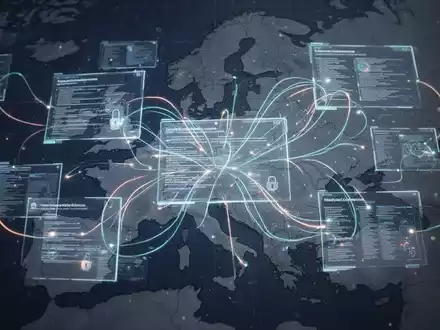 Digitale Dokumente und Datenflusslinien über einer Europakarte, die Open-Source-Software, rechtliche Rahmenbedingungen und Cybersicherheit symbolisieren. - Foto: über boerse-global.de