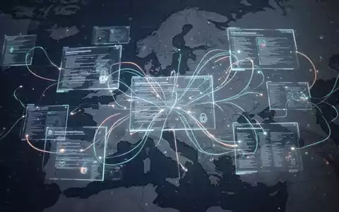 Digitale Dokumente und Datenflusslinien über einer Europakarte, die Open-Source-Software, rechtliche Rahmenbedingungen und Cybersicherheit symbolisieren. - Foto: über boerse-global.de