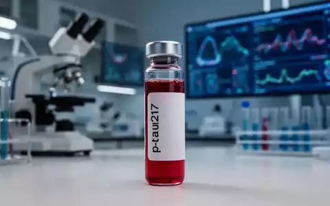 Nahaufnahme eines Blutröhrchens mit der Aufschrift 'p-tau217' in einem Labor, umgeben von verschwommenen Hightech-Geräten. - Foto: über boerse-global.de
