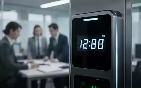 Eine Nahaufnahme einer modernen Zeiterfassungsuhr mit einem digitalen Zeitstempel, im Hintergrund unscharf Büroangestellte. Fokus auf Arbeitszeitdokumentation. - Foto: über boerse-global.de