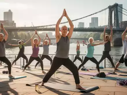 Eine Gruppe von Menschen unterschiedlichen Alters macht Yoga und Gymnastik im Freien an einem Flussufer in der Stadt. - Foto: über boerse-global.de