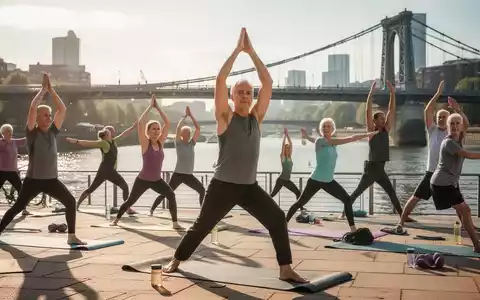 Eine Gruppe von Menschen unterschiedlichen Alters macht Yoga und Gymnastik im Freien an einem Flussufer in der Stadt. - Foto: über boerse-global.de