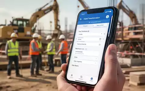 Nahaufnahme eines Smartphones mit einer App zur Baustellendokumentation, im Hintergrund Bauarbeiter und Maschinen. - Foto: über boerse-global.de