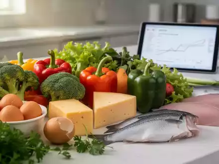 Eine Nahaufnahme von frischen Lebensmitteln wie Gemüse, Eiern, Käse und Fisch auf einer Küchentheke, die gesunde Ernährung symbolisieren. - Foto: über boerse-global.de