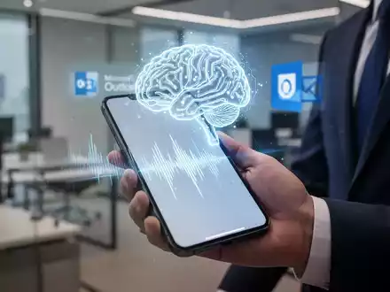 Ein Smartphone zeigt eine Audiowellenform, die KI-generierte Audio-Zusammenfassungen in Microsoft Outlook für Geschäftsleute symbolisiert. - Foto: über boerse-global.de